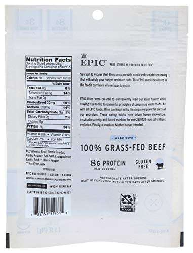 Epic Beef Sea Salt Pepper Bites Jerky for Keto & Whole30 Dieters, Snack Time Snacks, |5 oz Pouch