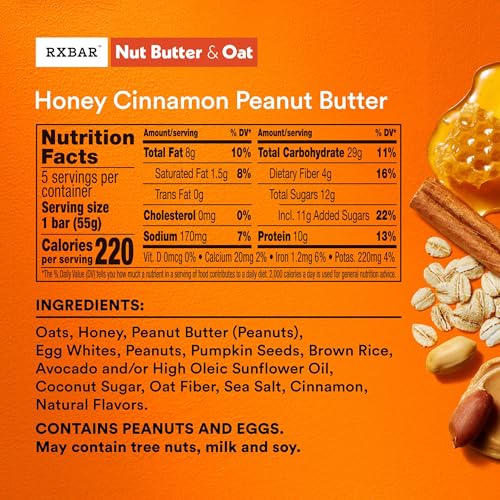RXBAR Honey Cinnamon Peanut Butter Protein Bars for Snackers, High Protein Snacks, 9.7oz Box (5 Bars)  
RXBAR Honey Cinn