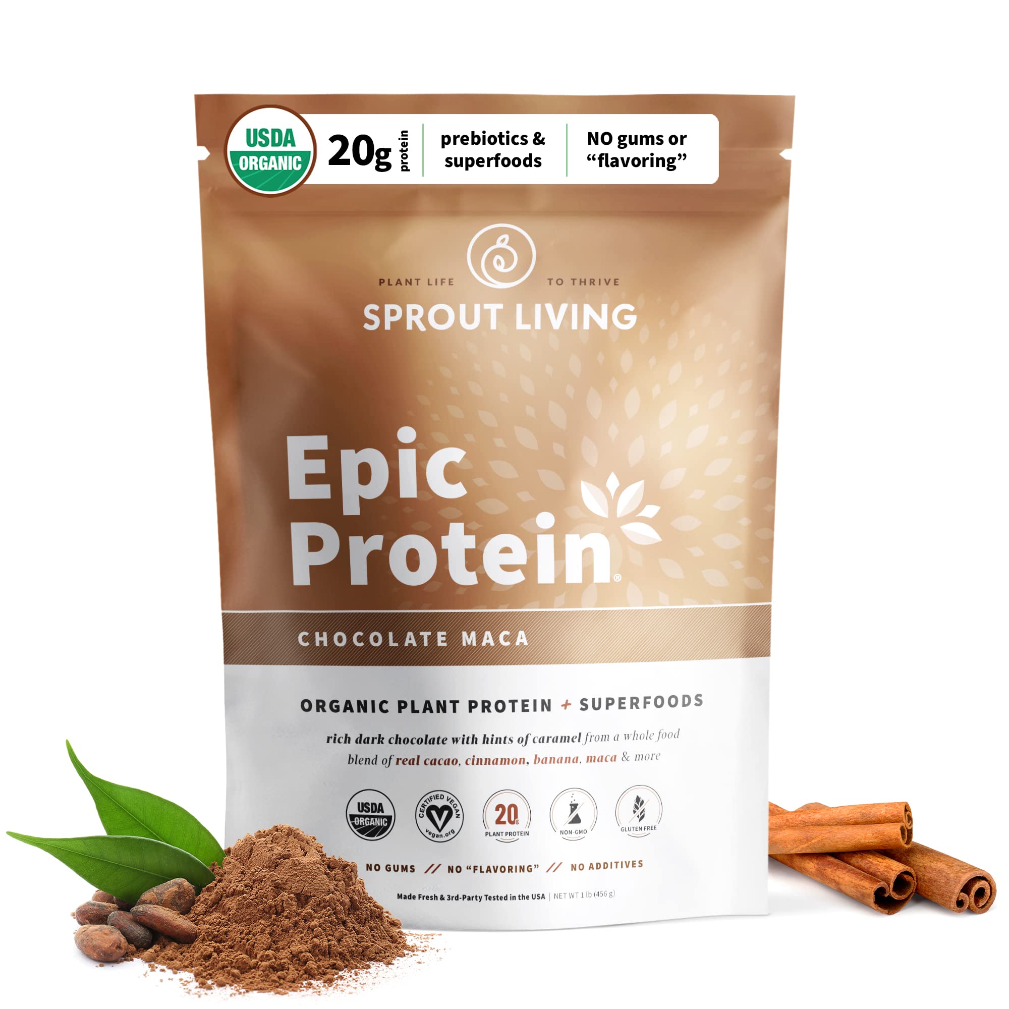 Sprout Living Epic Protein Chocolate Maca Powder USDA Organic 20 Grams Plant Based Protein & Superfoods Powder Vegans Gl