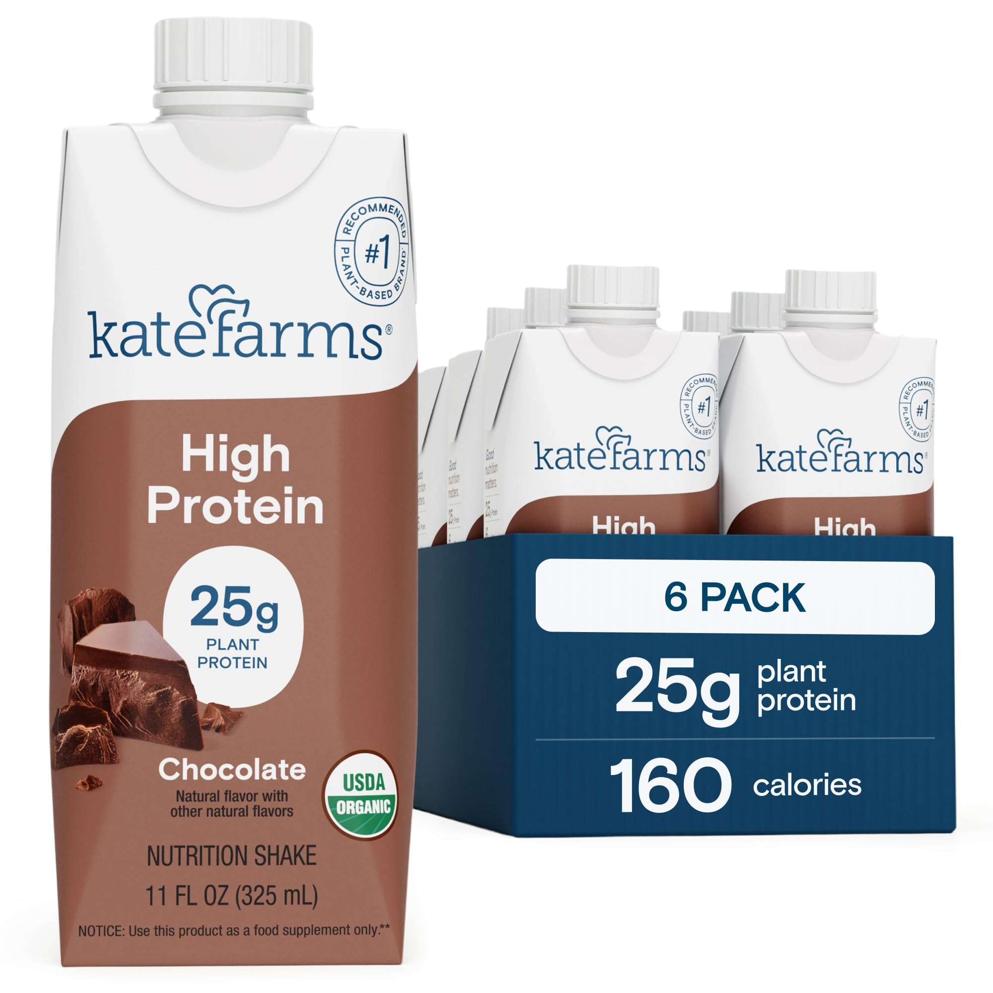 Kate Farms Organic High Protein Chocolate Nutrition Shake, Organic, Adults, Workout Recovery, 25g Protein, 11 oz (6 Pack