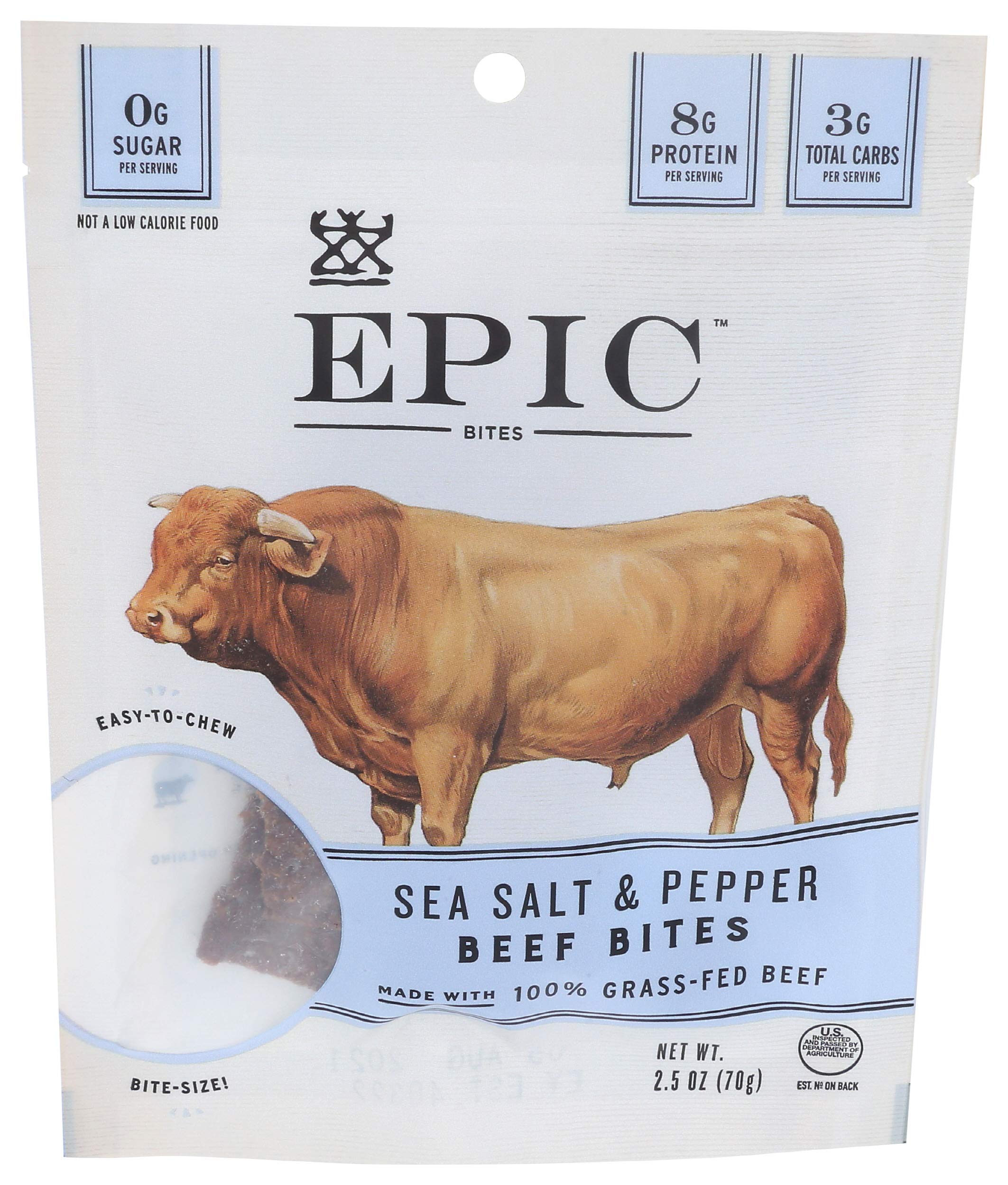 Epic Beef Sea Salt Pepper Bites Jerky for Keto & Whole30 Dieters, Snack Time Snacks, |5 oz Pouch
