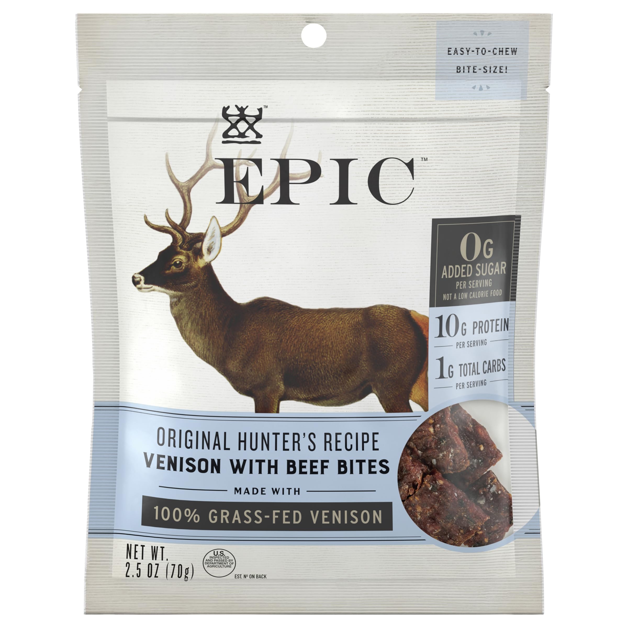 Epic PROVISIONS Hunter's Recipe Venison Bites for Hunters on Hunt Days, Real Venison Flavor, |5 OZ  
Epic PROVISIONS Hu